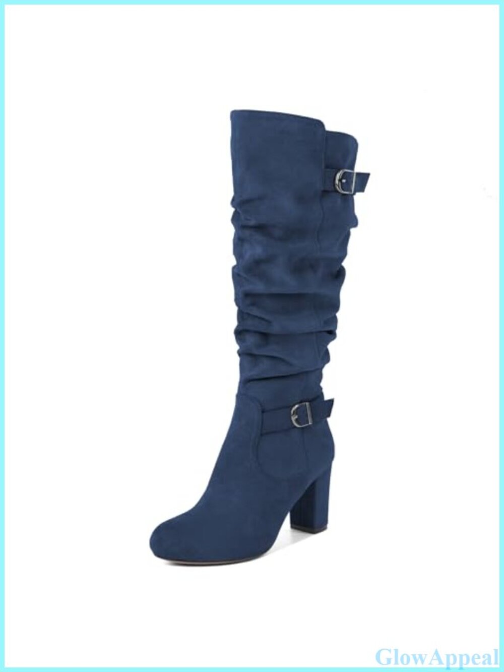 Slouchy Knee High Boots Chunky Block Heel Faux Suede Round Toe Side Zip Tall